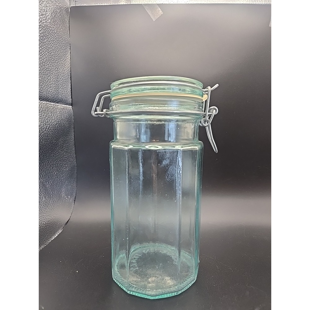 Vintage Hermetic Green Panel Glass Food Storage Jar Made In Italy 8"